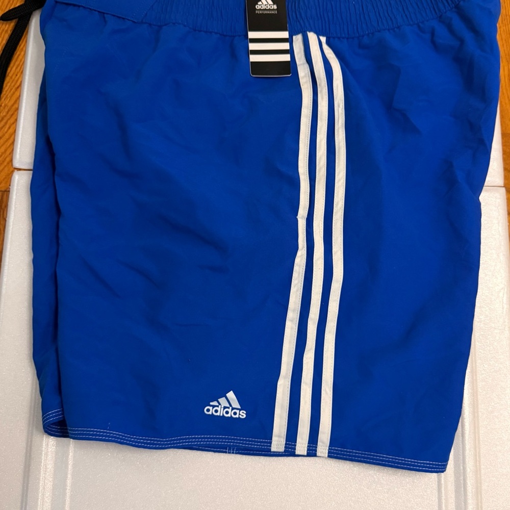 Adidas Blue and White Swim Shorts with Signature Stripes
